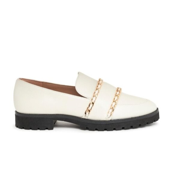 Karl Lagerfeld Paris Womens Loafers 8/38.5B Cream Leather Gold Chain Trim Chunky - Picture 12 of 12